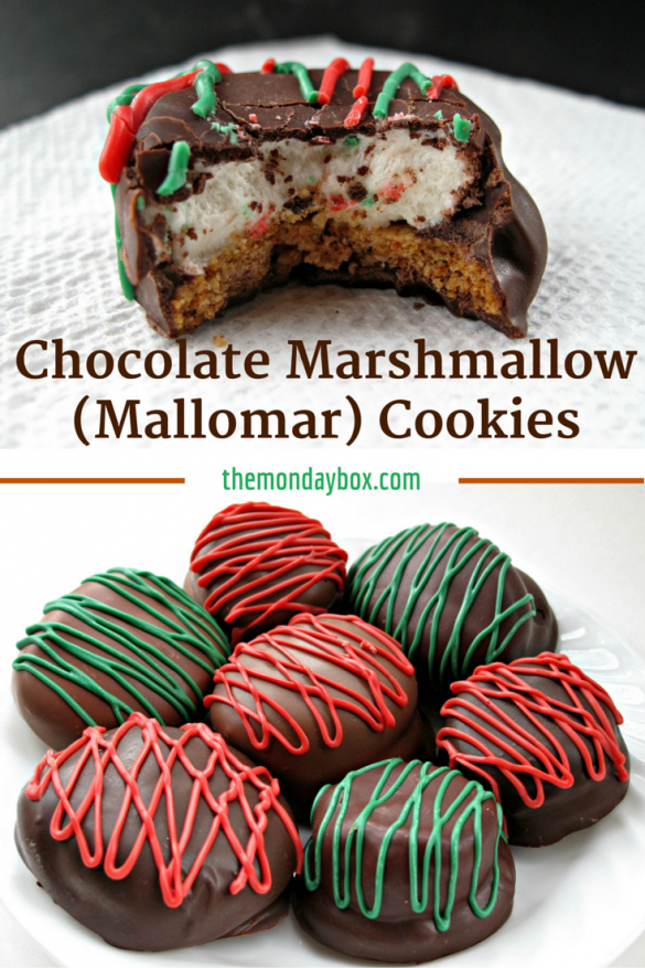 Chocolate Marshmallow (Mallomar) Cookies- This cookie is the first to be grabbed on holiday platters! A graham cracker base topped with a marshmallow and coated in chocolate. Drizzle with colors to match your holiday! | The Monday Box Chocolate Marshmallow (Mallomar) Cookies