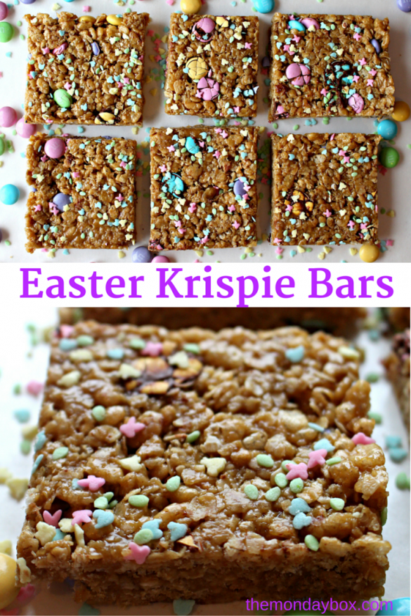 Easter Krispie Bars (GF)- Easy, no-bake recipe for a chewy treat speckled in spring colors and celebration ready in minutes! | The Monday Box Easter Krispie Bars
