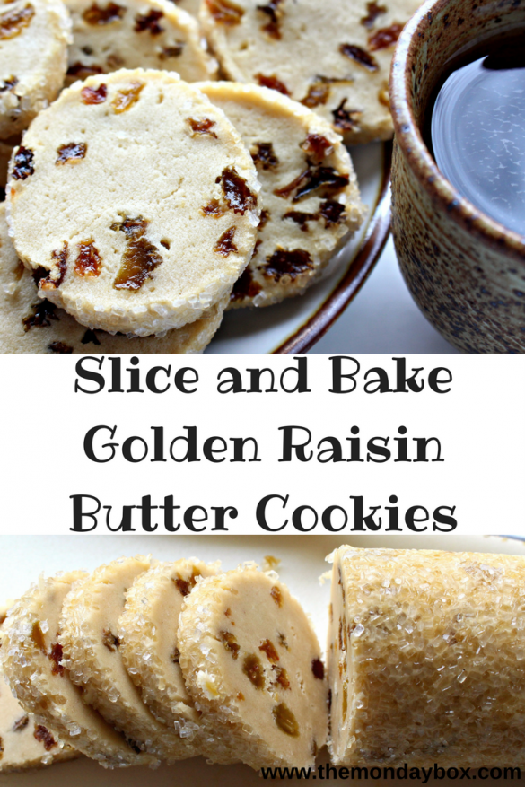 Crisp, buttery Slice and Bake Golden Raisin Butter Cookies look like little stained glass windows sparkling in shades of brown. Wonderful with cup of milk or a mug of tea!| themondaybox.com Slice and Bake Golden Raisin Butter Cookies