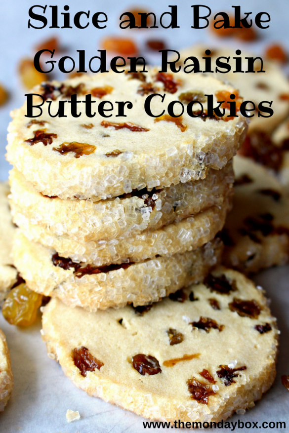 Crisp, buttery Slice and Bake Golden Raisin Butter Cookies look like little stained glass windows sparkling in shades of brown. Wonderful with cup of milk or a mug of tea!| themondaybox.com Slice and Bake Golden Raisin Butter Cookies