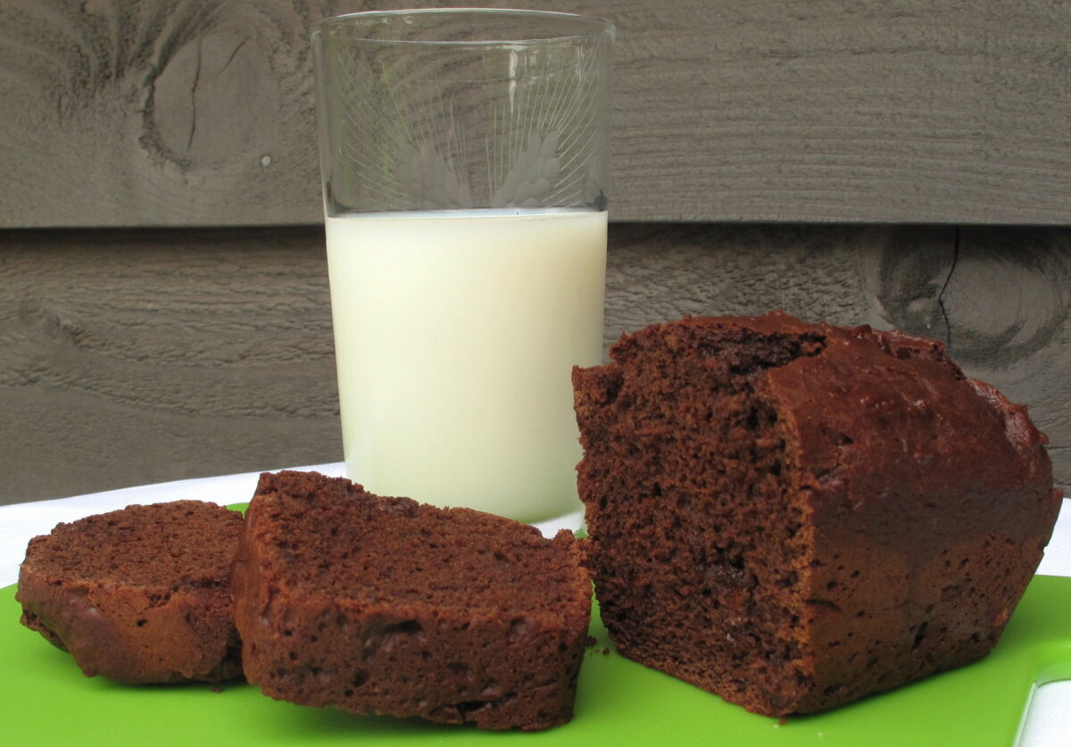 Sliced chocolate quick bread with a glass of milk.