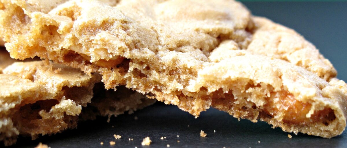 Closeup of thin, broken cookie edge showing crisp interior.