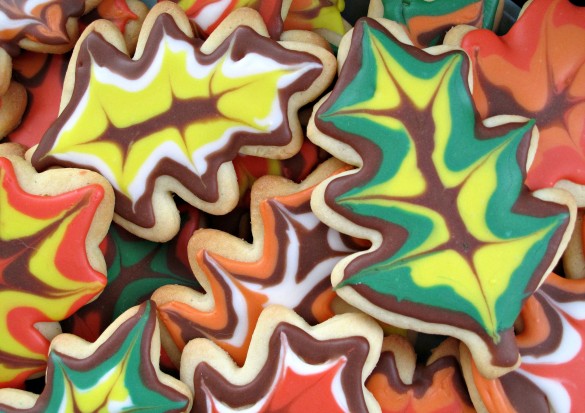 Decorated Thanksgiving Sugar Cookies lined with different fall colors