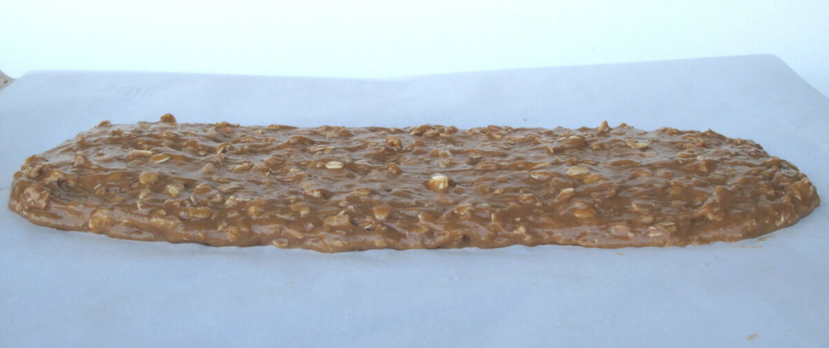 Side image of the spread biscotti batter log on the baking sheet.