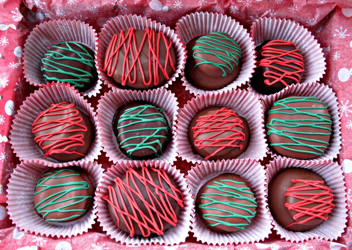 Twelve Chocolate Covered Marshmallow Cookies, each on a cupcake paper, arranged in a box for gifting.