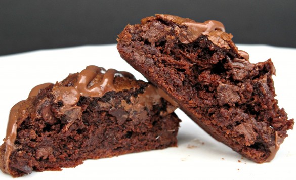 Cookie cut in half to show fudgy interior.