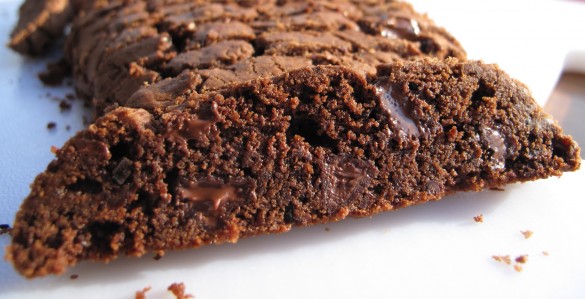 Chocolate Espresso Biscotti closeup of cut edge showing melted chocolate inside.