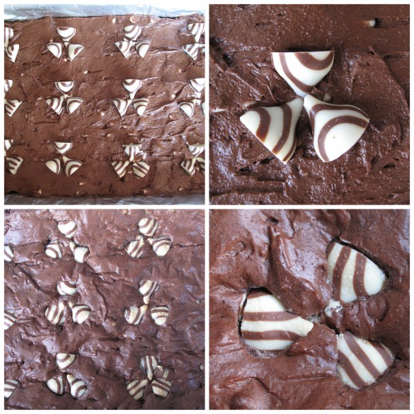 Image collage of brownies and candy kisses before and after baking.