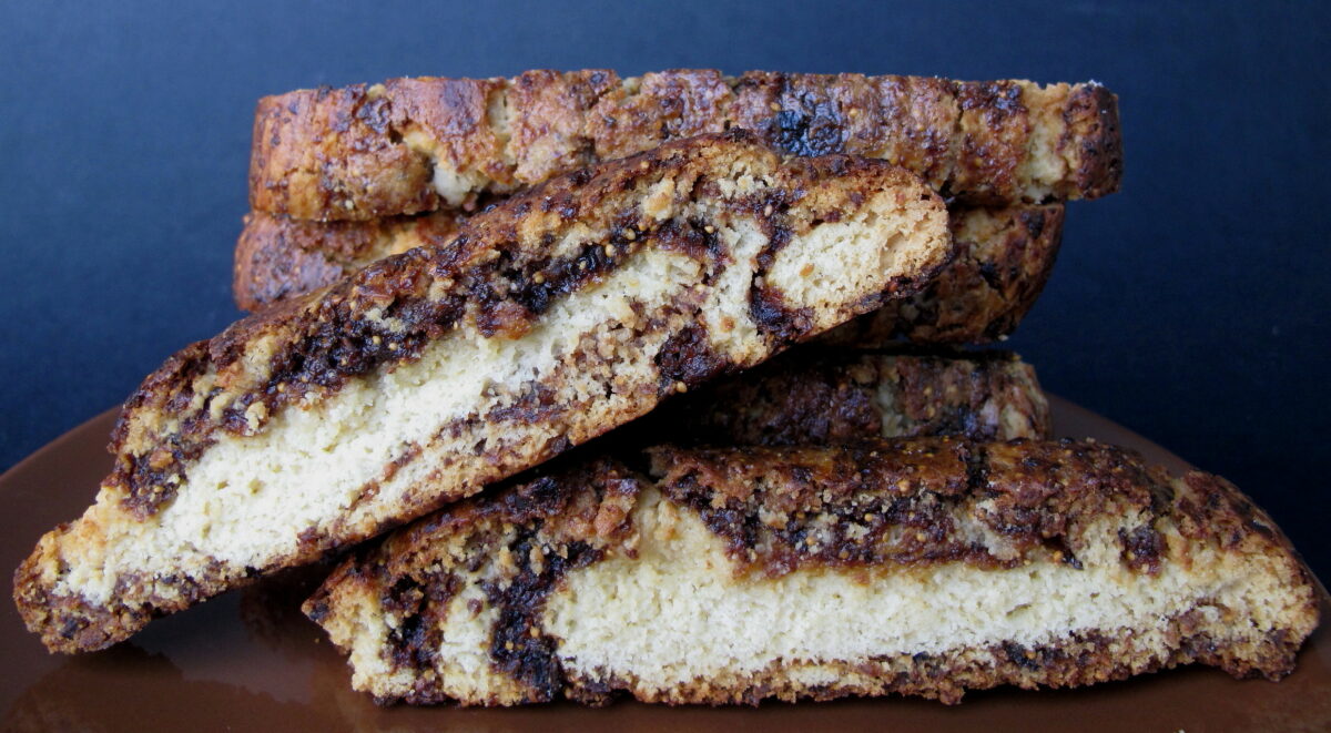 Stack of Fig Jam Biscotti with the inside swirled with homemade fig jam.