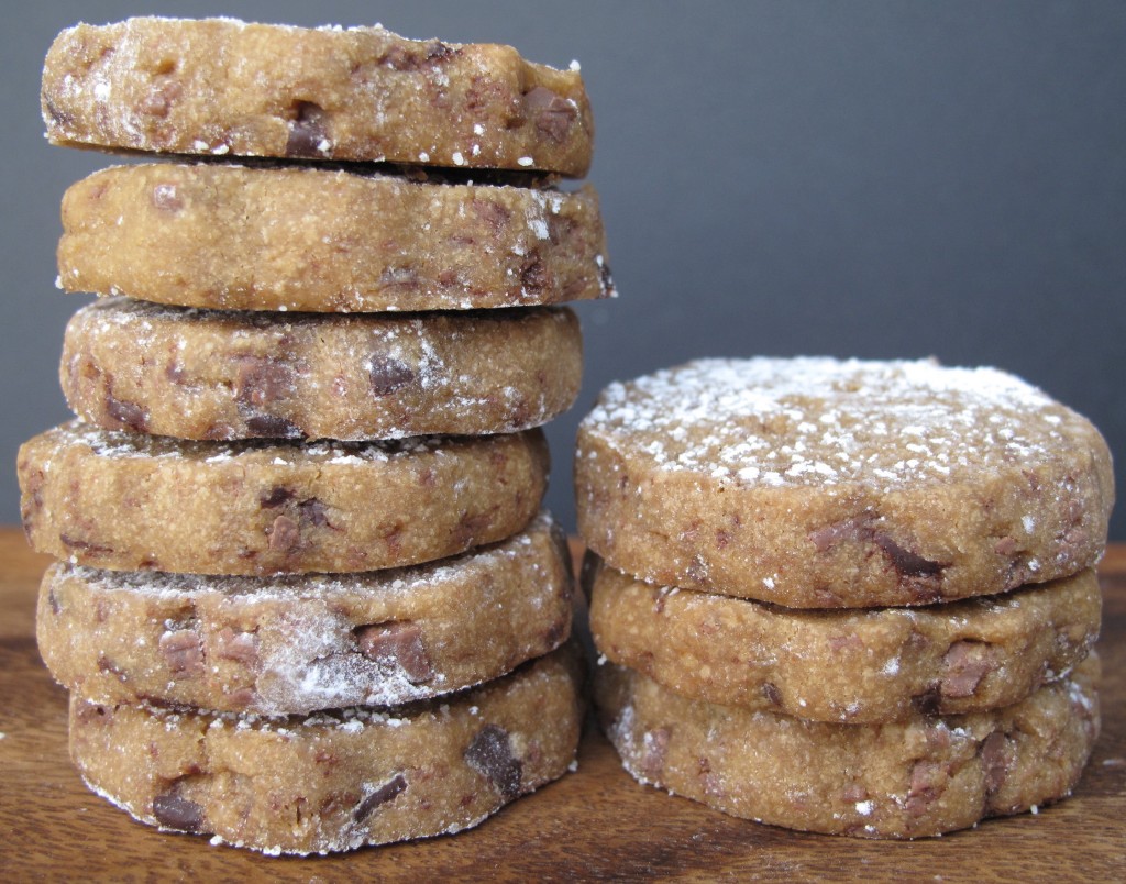 Espresso Chocolate Shortbread Cookies in two piles.