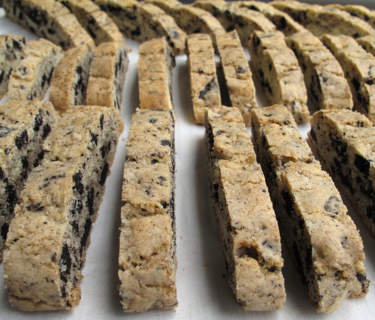Cut biscotti lined up for second baking.
