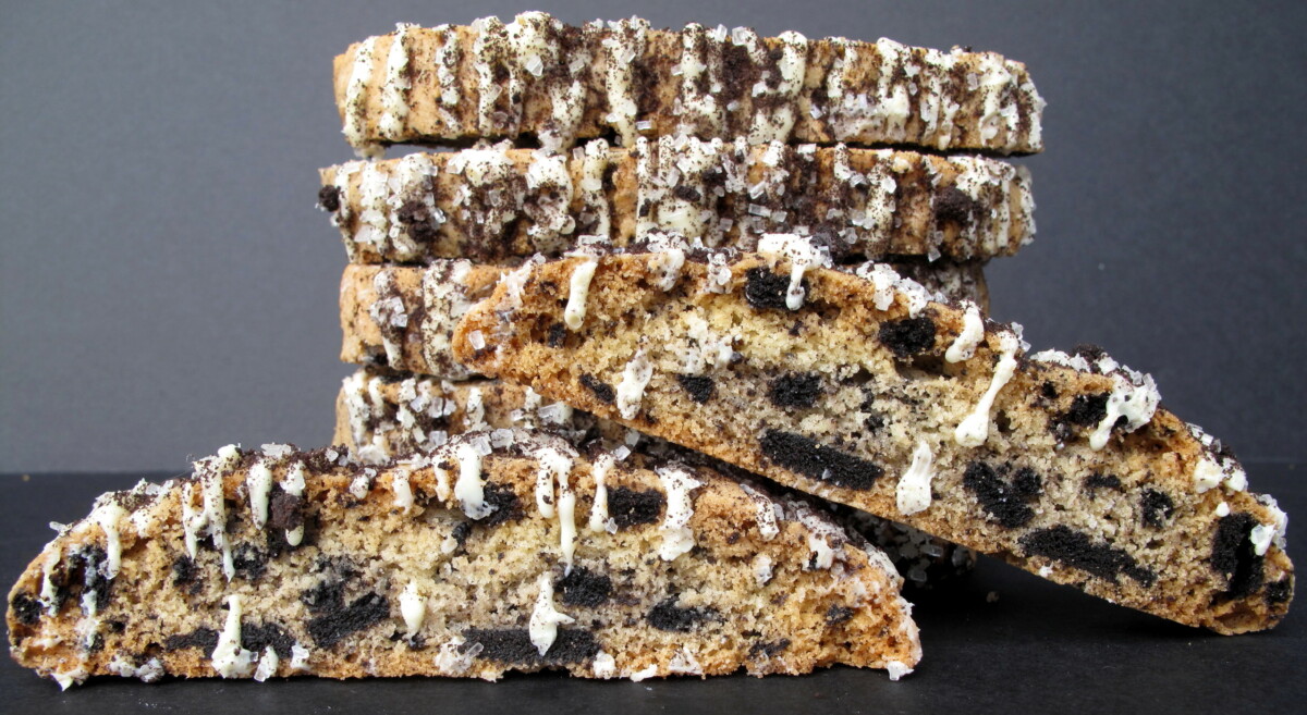 Close up of Oreo Biscotti showing inside full of chocolate sandwich cookie pieces.