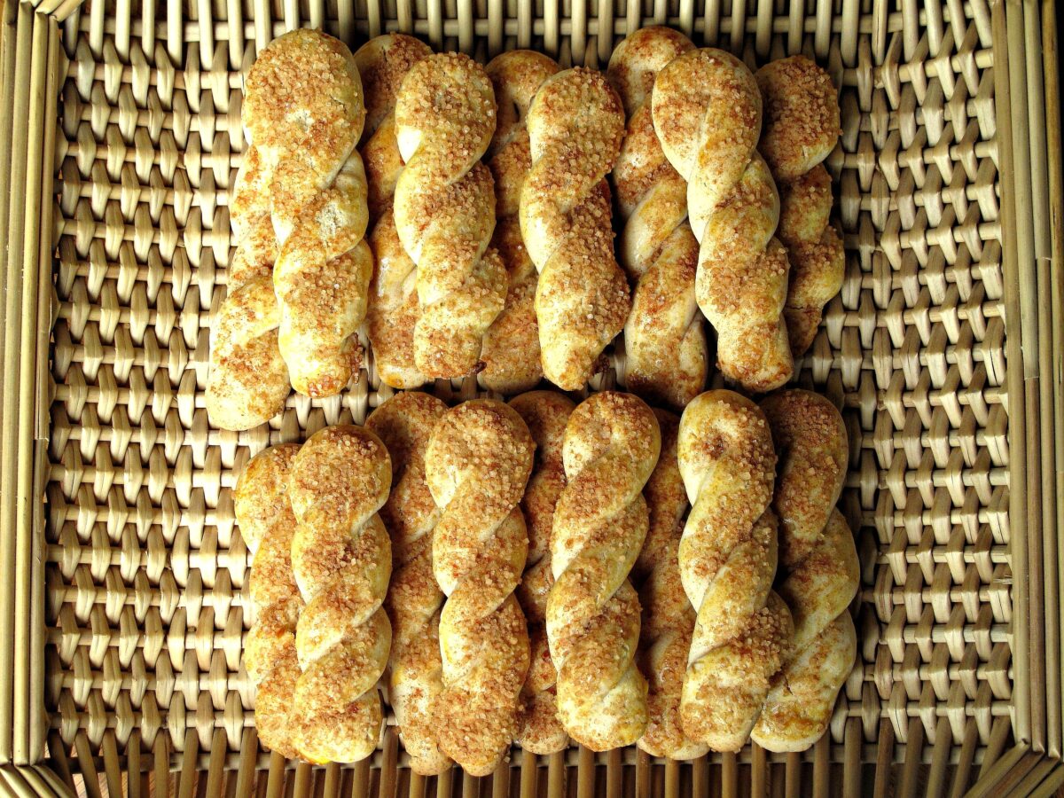 Cinnamon Sugar Twist Cookies in a basket.