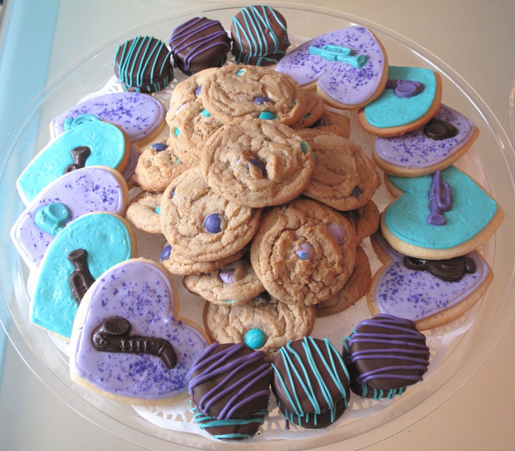 Cookie party platter with cookies decorated in lavender and aqua.