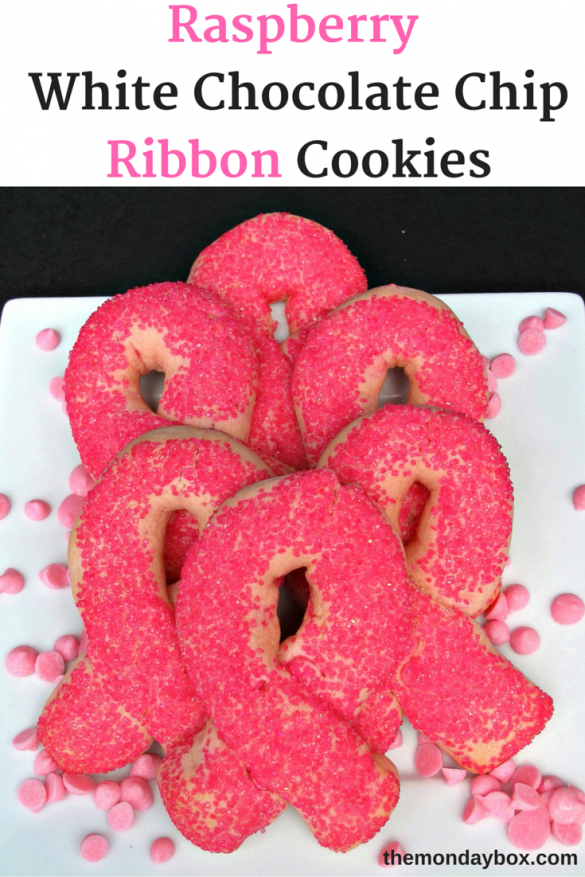 Raspberry White Chocolate Chip Ribbon Cookies- a cookie in honor and celebration for the amazing women who have battled with breast cancer! These firm raspberry flavored cookies are accented with white chocolate chips. Easy directions for making and using homemade pink chips optional. | The Monday Box