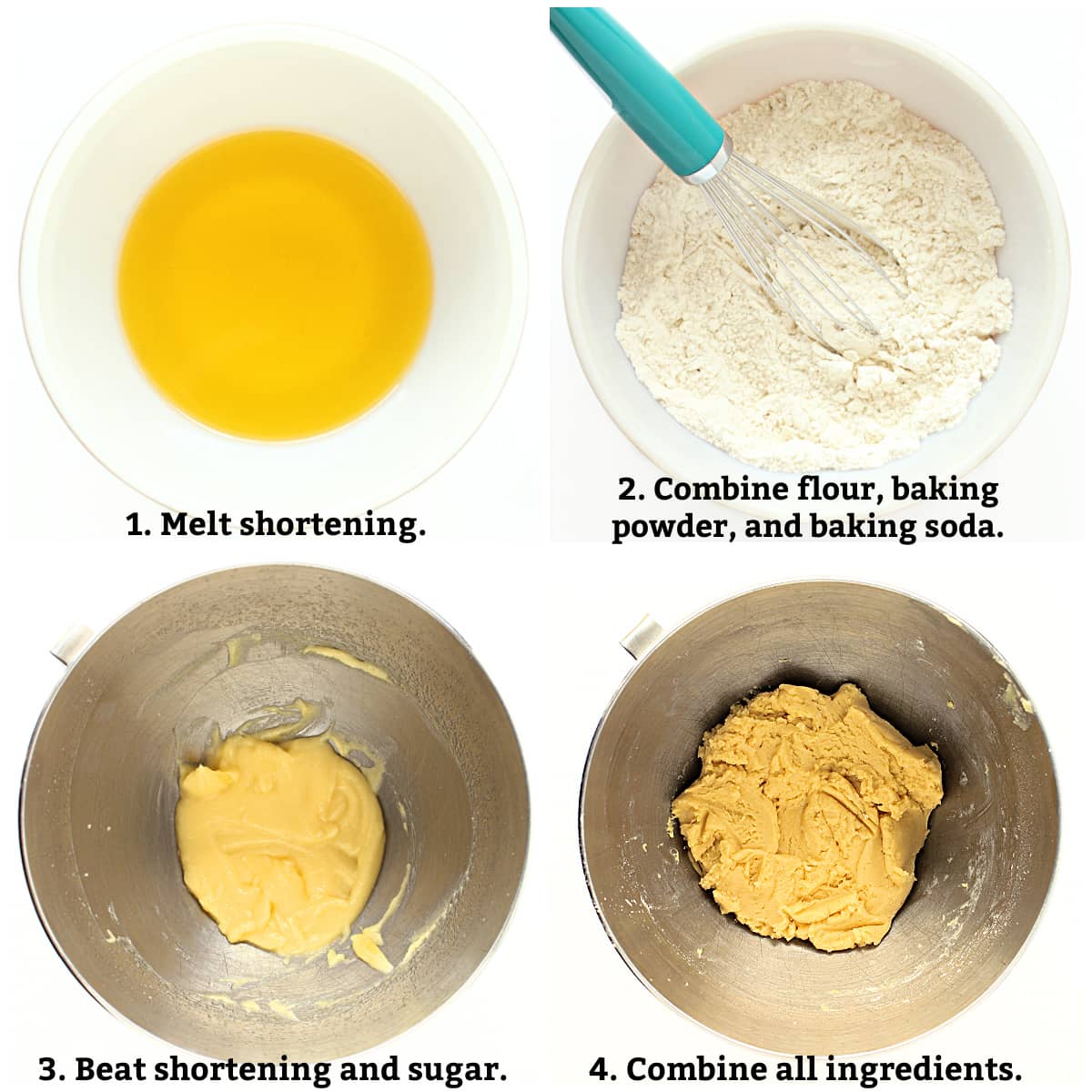 Instructions labeled: melt shortening, combine flour, baking powder/soda , beat shortening and sugar, combine all ingredients.