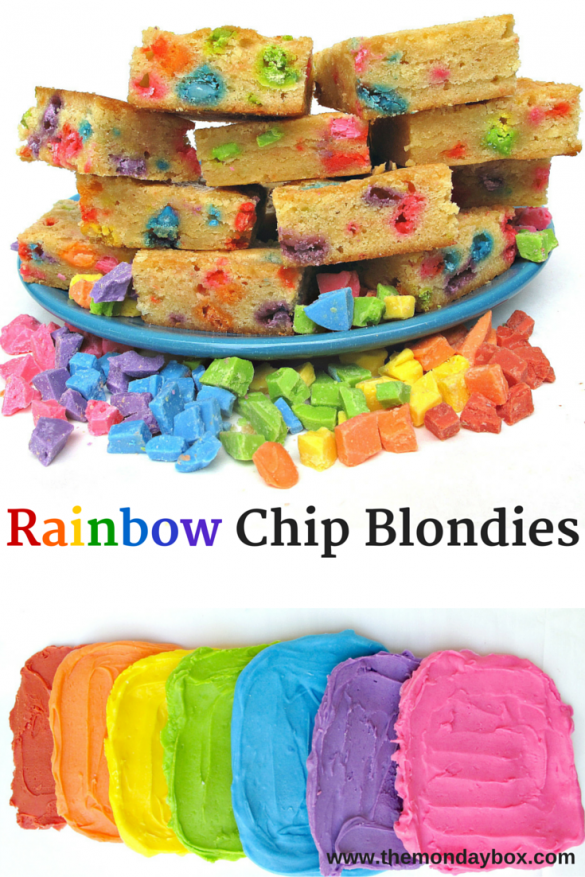 Rainbow Chip Blondies- chewy vanilla blondies with easy-to-make homemade rainbow colored chips! | The Monday Box