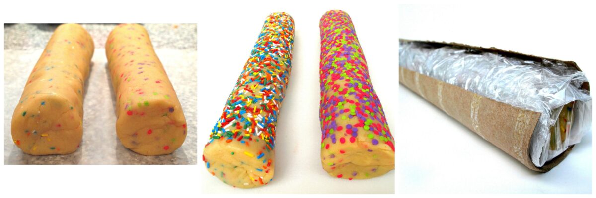 Process images of plain dough log, rolled in sprinkles, plastic wrapped for chilling.