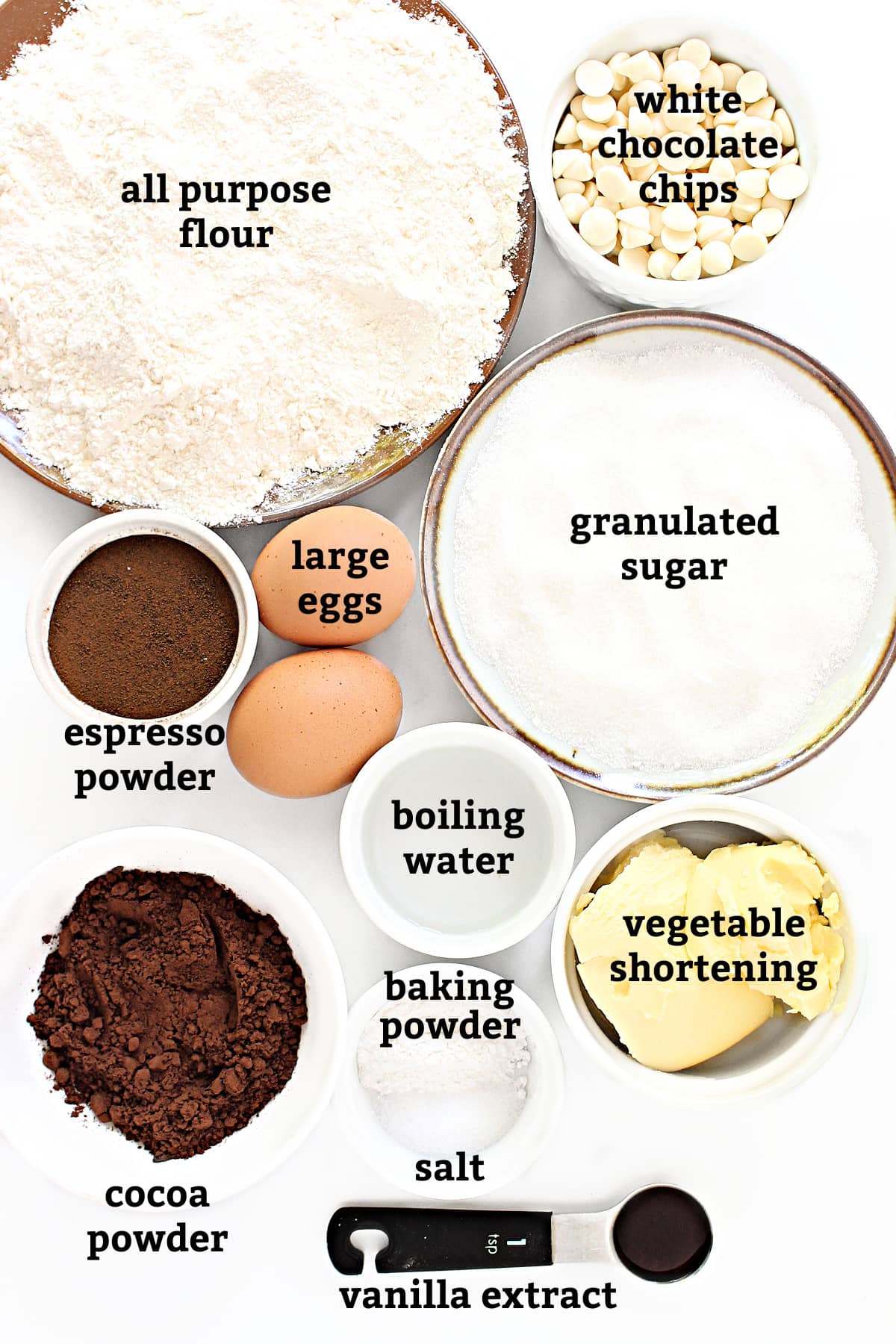 Ingredients: flour, white chocolate chips, instant espresso powder, large eggs, granulated sugar, cocoa powder, boiling water, baking powder, salt, vegetable shortening, vanilla extract.