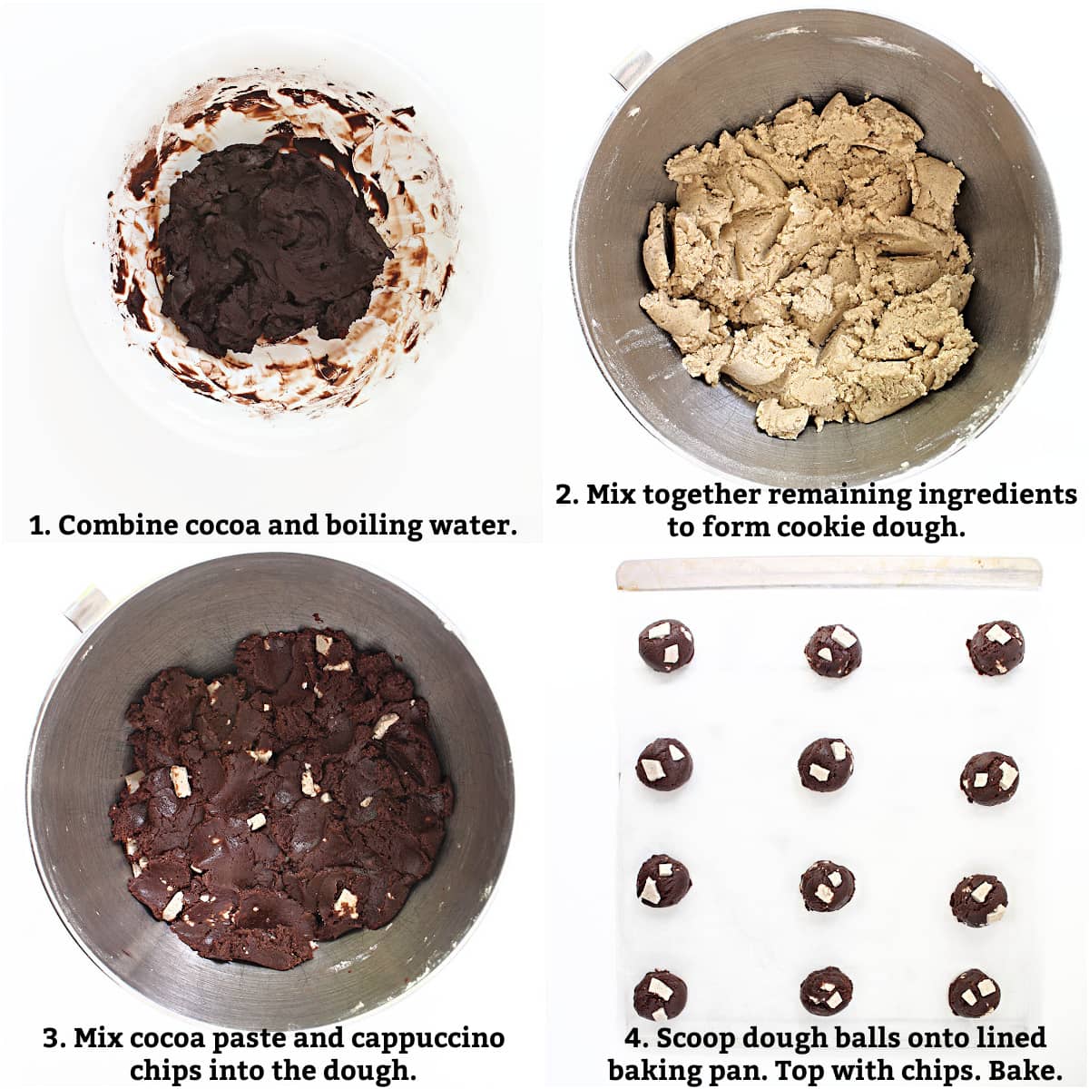 Cappuccino cookies instructions: combine cocoa and boiling water to form paste, mix remaining ingredients to form dough, add cocoa paste and chocolate chunks, scoop onto lined baking sheet, top with additional chips, bake.