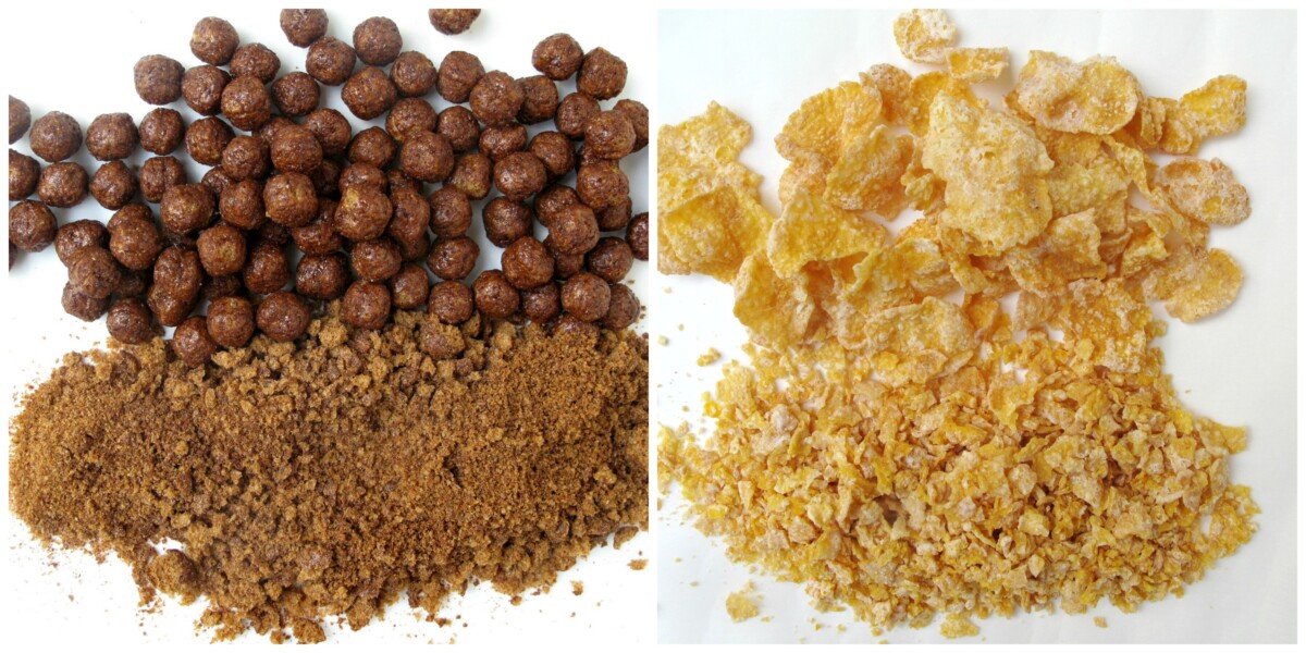 Cocoa puffs and crushed cocoa puffs with frosted flakes and crushed frosted flakes.