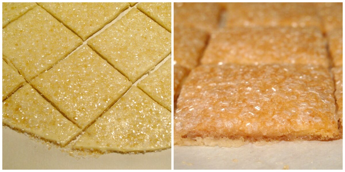 Sugar coated pastry dough sliced into squares and baked edge of one cookie square.