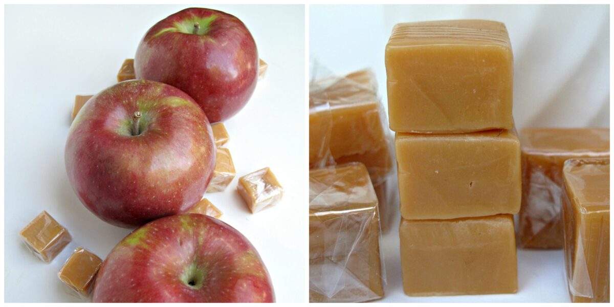 Red apples and wrapped squares of caramel.