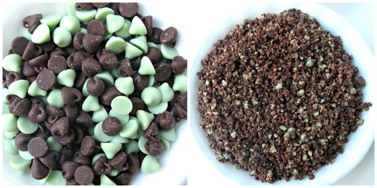 Chocolate and green mint chips before and after chopping in the food processor.