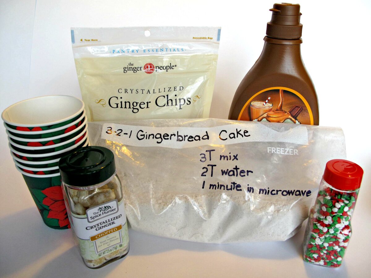 Ingredients: cake mix, sprinkles, Crystallized Ginger, Caramel Syrup, paper cups.