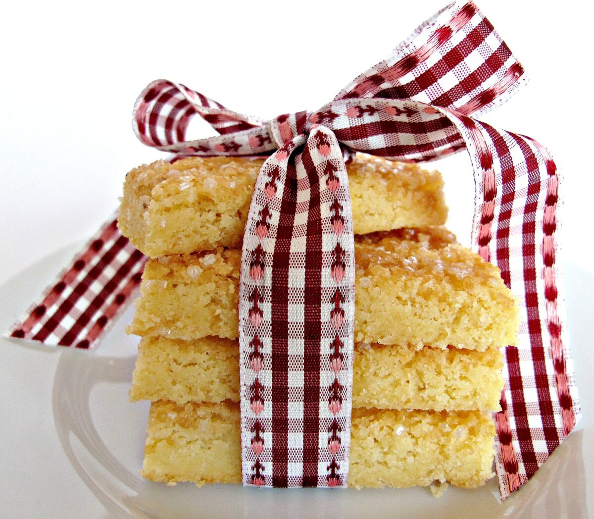 Stacked Scottish Shortbread tied together with a ribbon.