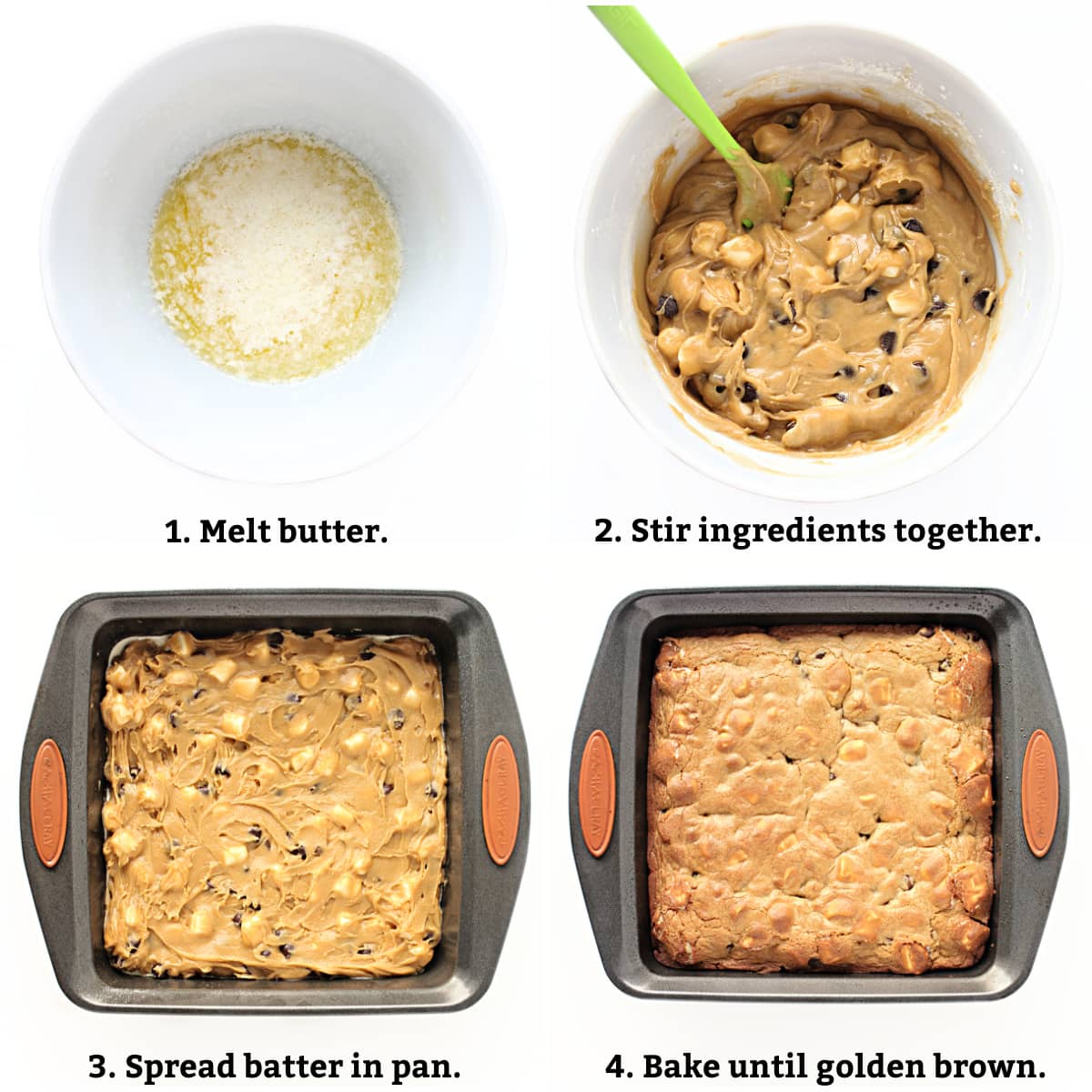 Instructions: melt butter, combine ingredients, spread batter in pan, bake.