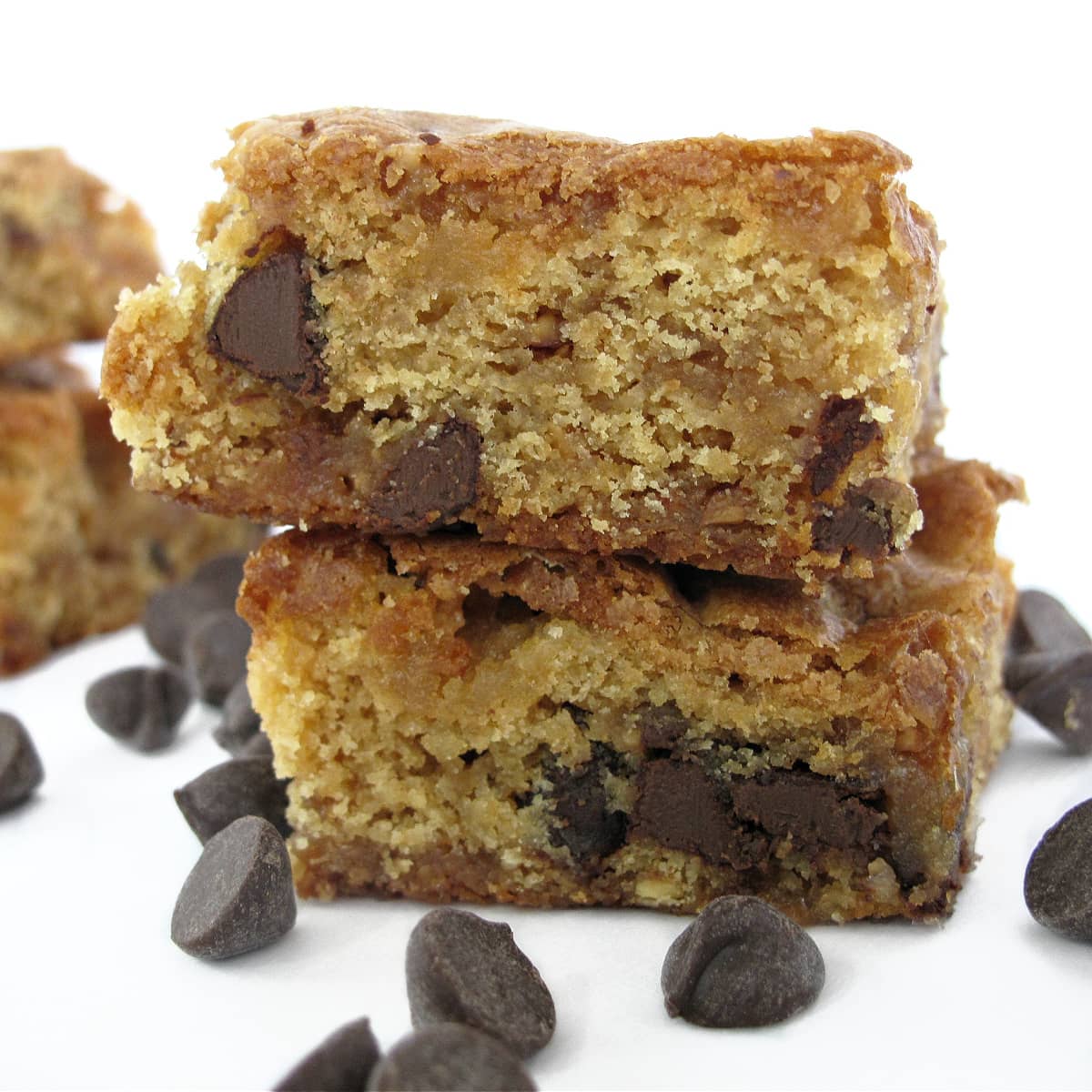 Two stacked Chocolate Chip Cookie Bars. 