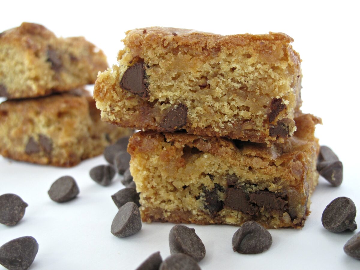 Two stacked Chocolate Chip Cookie Bars. 