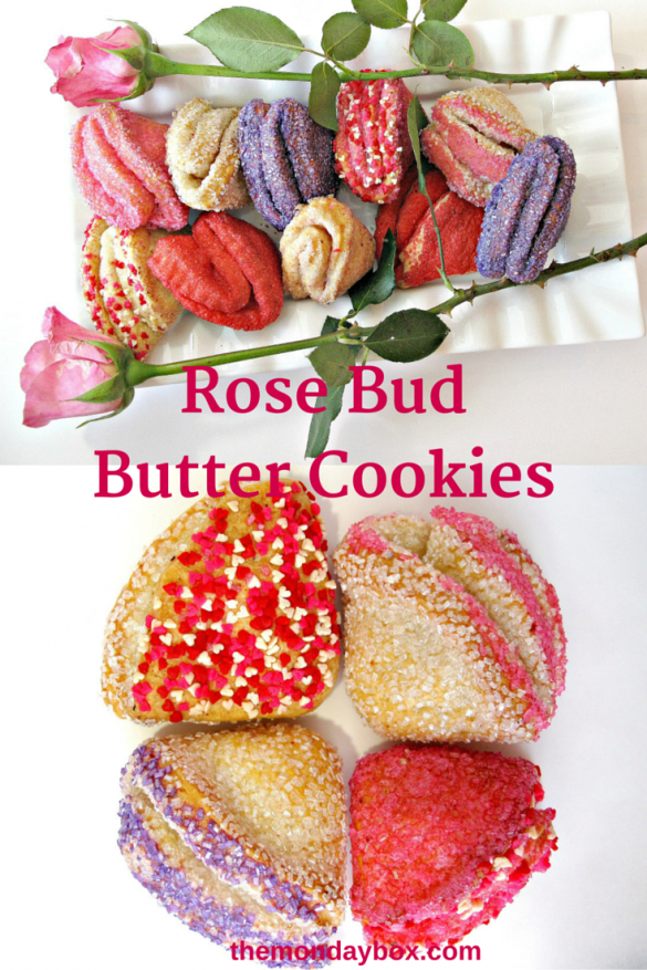 Rose Bud Butter Cookies on a platter above four differently colored Rose Bud Cookies. Pinterest image.