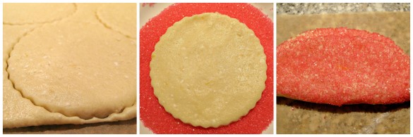 To make Rose Bud Butter Cookies roll out dough, cut out circles, press the circle in sparkling sugar, and fold in half.