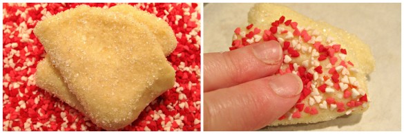 To make Rose Bud Butter Cookies fold the halfed dough circle in half again. If desired press into small heart sprinkles.
