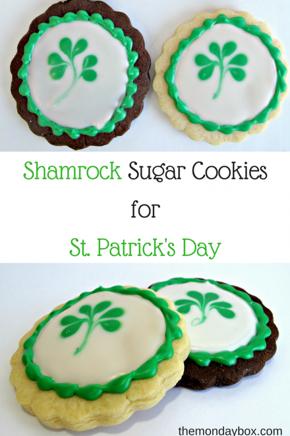 St. Patrick's Day Shamrock Cookies- FABULOUS chocolate or vanilla sugar cookies and an super easy tutorial for decorating with simple corn syrup icing! @ themondaybox.com