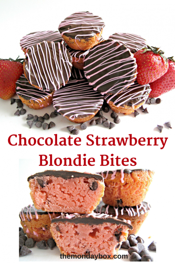 Chocolate Strawberry Blondie Bites- Sprinkled with confectioners sugar or topped with chocolate, chewy strawberry blondies studded with chocolate chips are packed with chocolate covered strawberry flavor | The Monday Box Chocolate Strawberry Blondie Bites- Sprinkled with confectioners sugar or topped with chocolate, chewy strawberry blondies studded with chocolate chips are packed with chocolate covered strawberry flavor | The Monday Box