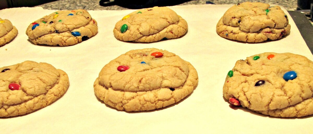 M&M Mega Cookies puffy and crackled.