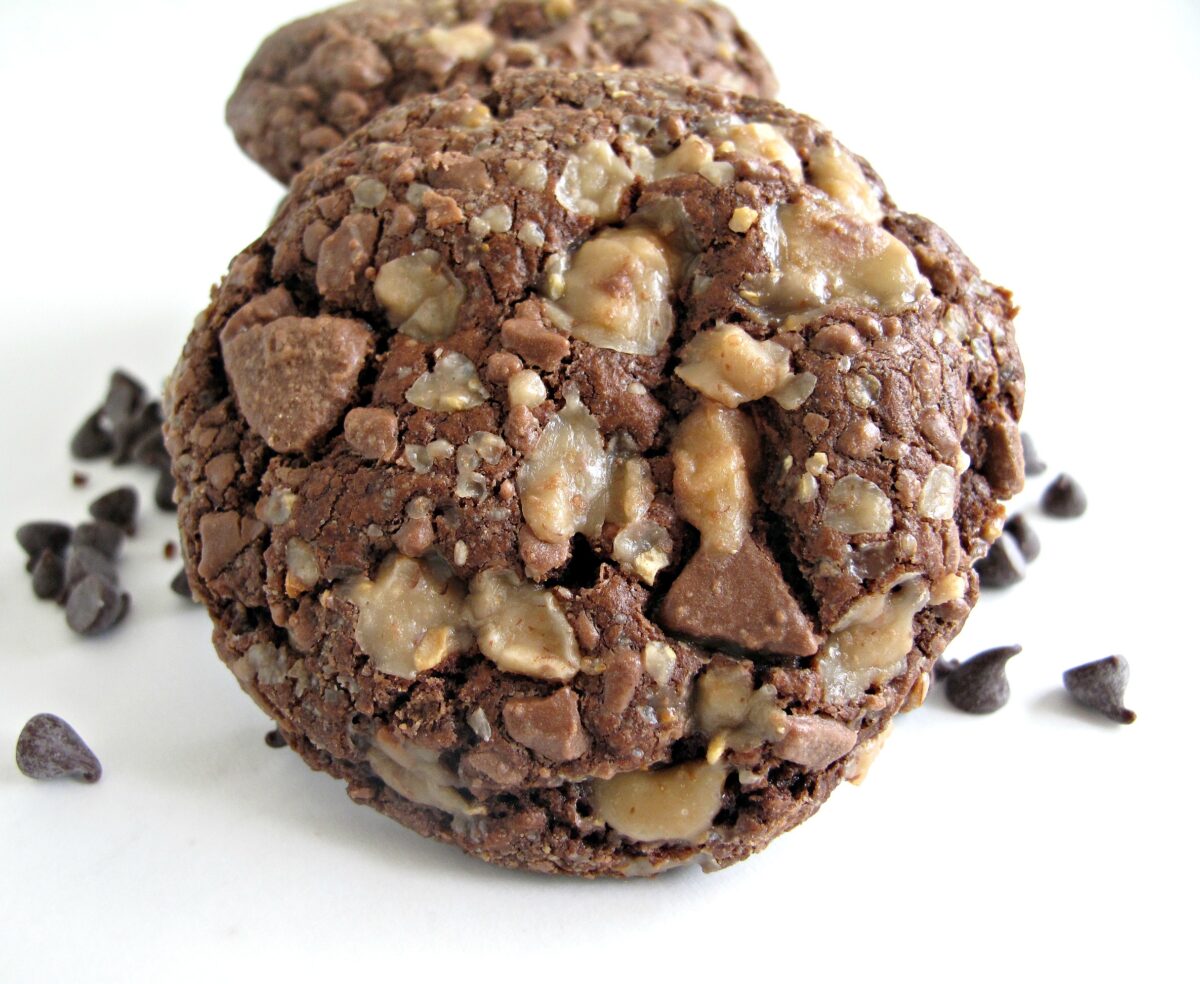 Soft Chocolate-Toffee Cookie close-up showing toffee bits embedded in the soft cookie top.