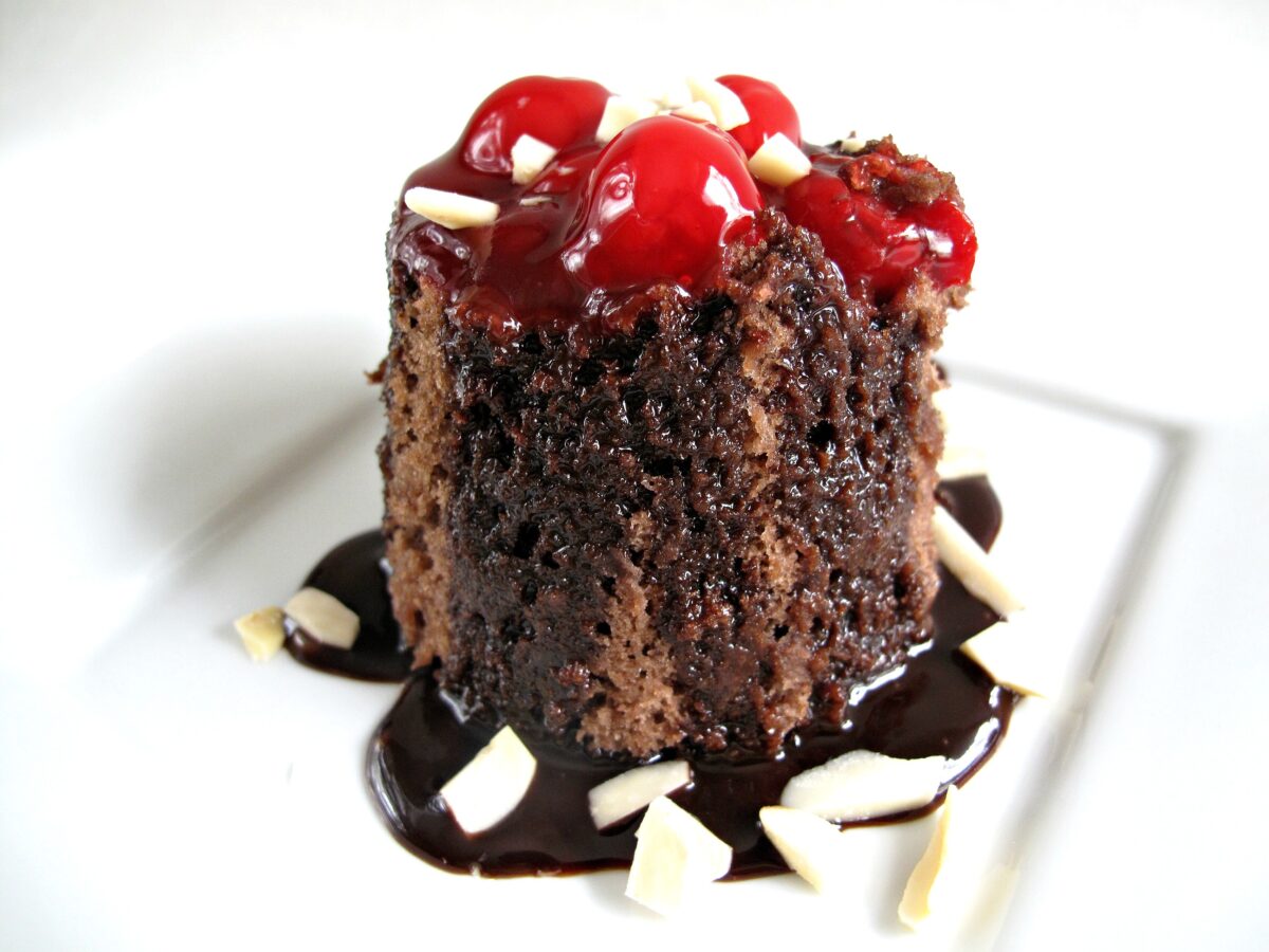 3-2-1 Mug Cake version of black forest cake with chocolate cake, cherries, and almonds.