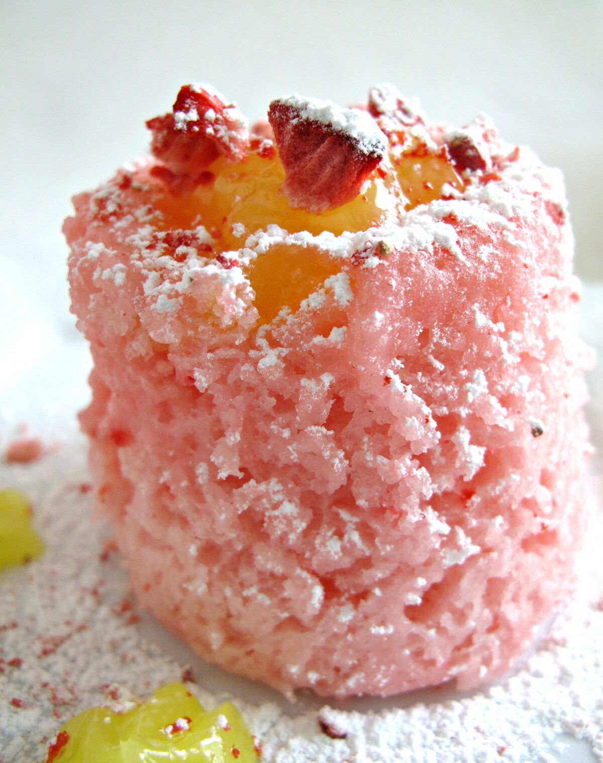 321 strawberry lemon mug cake closeup to show fluffy texture.