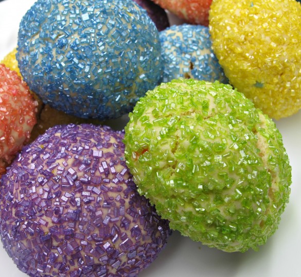 Closeup of the large crystal colored sugar on the round Balloon Cookies