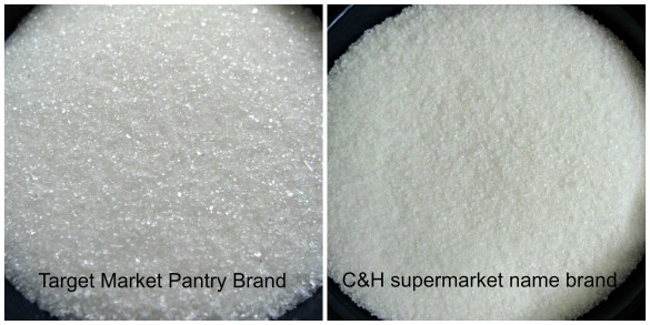 on left Target brand sugar sparkles, on right C&H brand sugar doesn't sparkle