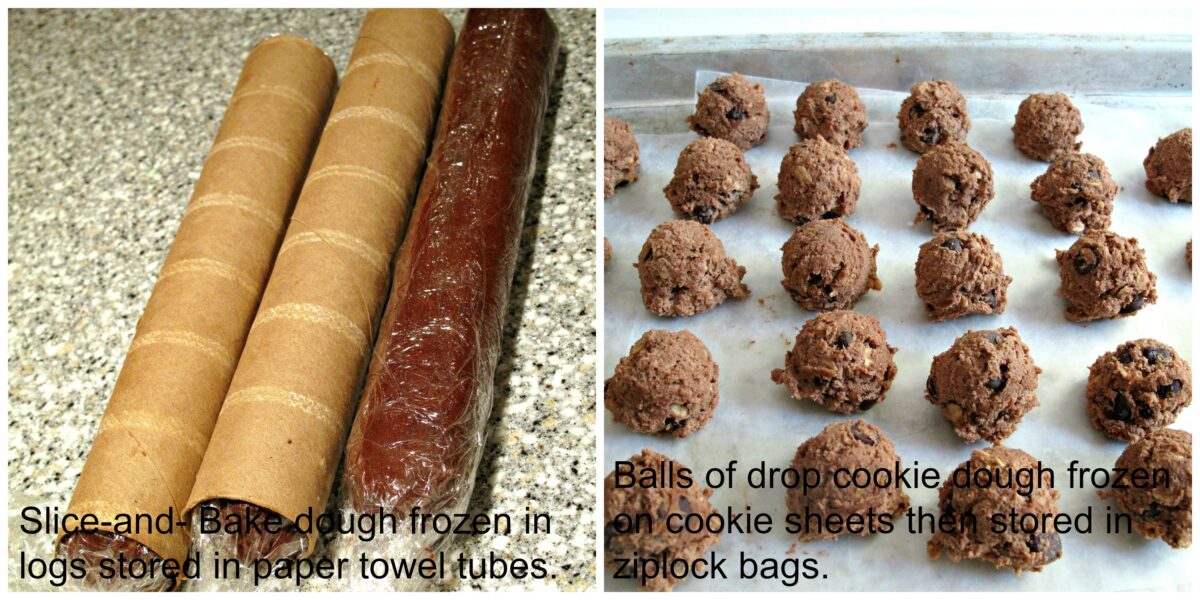 Freezing cookie dough in logs for slice and bake or in individual scooped portions.