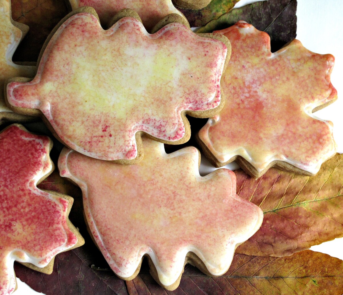 Oak leaf cookies with real fall colored leaves.