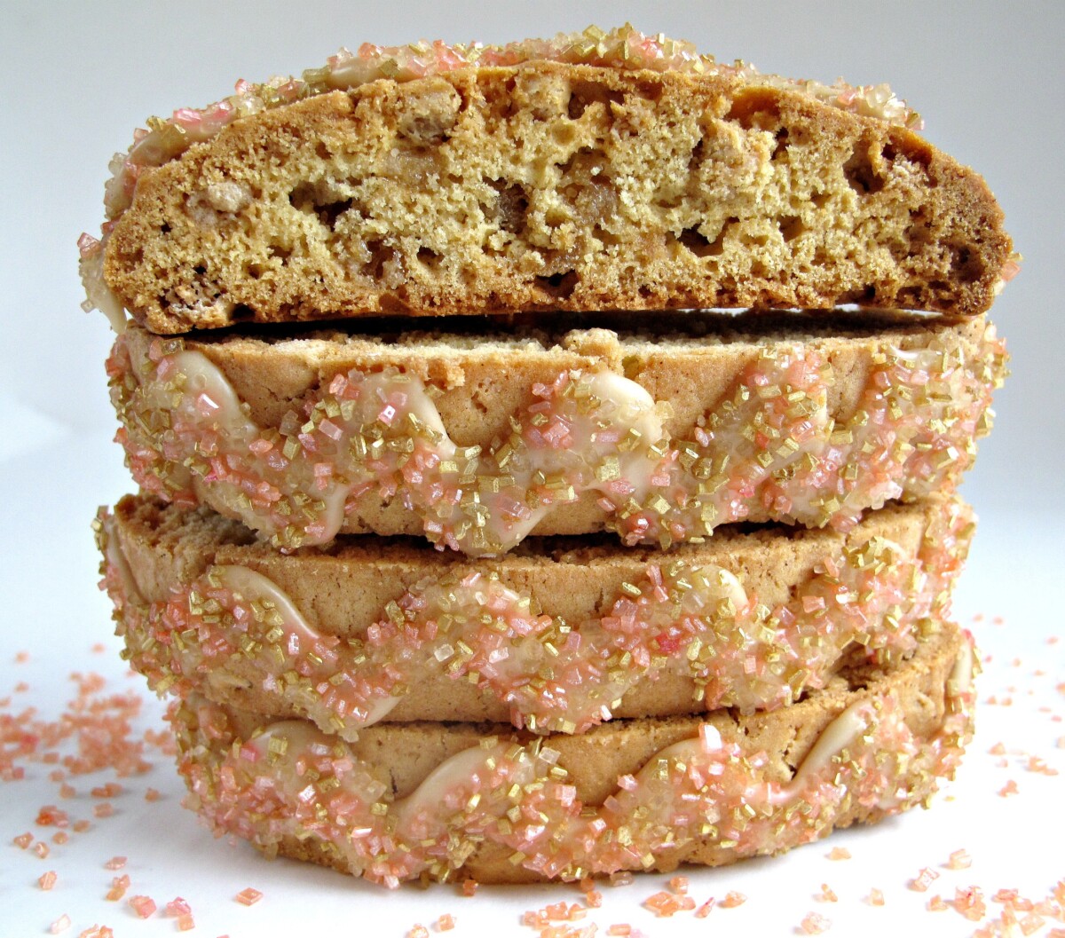 Stack of cookies showing the decorative zigzag icing on top of each.