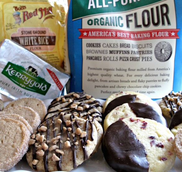 Slice-and-Bake Shortbread in three flavors in front of sponsor brands packaging