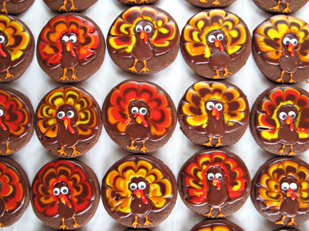 Chocolate Sugar Cookies decorated with icing to look like turkeys.