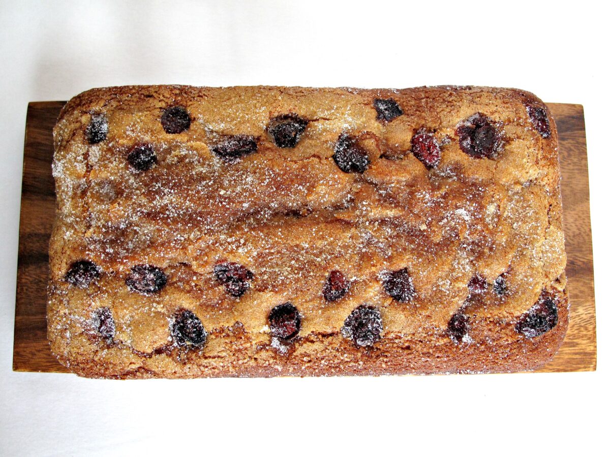 A loaf of Cranberry Clementine Whole Wheat Quick Bread from above.